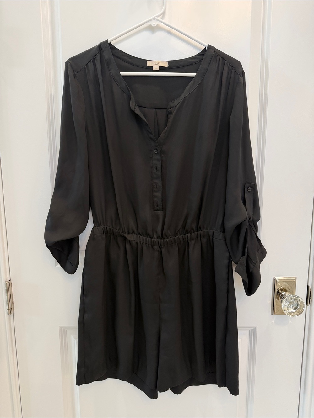 LOFT Black V-Neck Button Front Elastic-Waist Tunic Romper